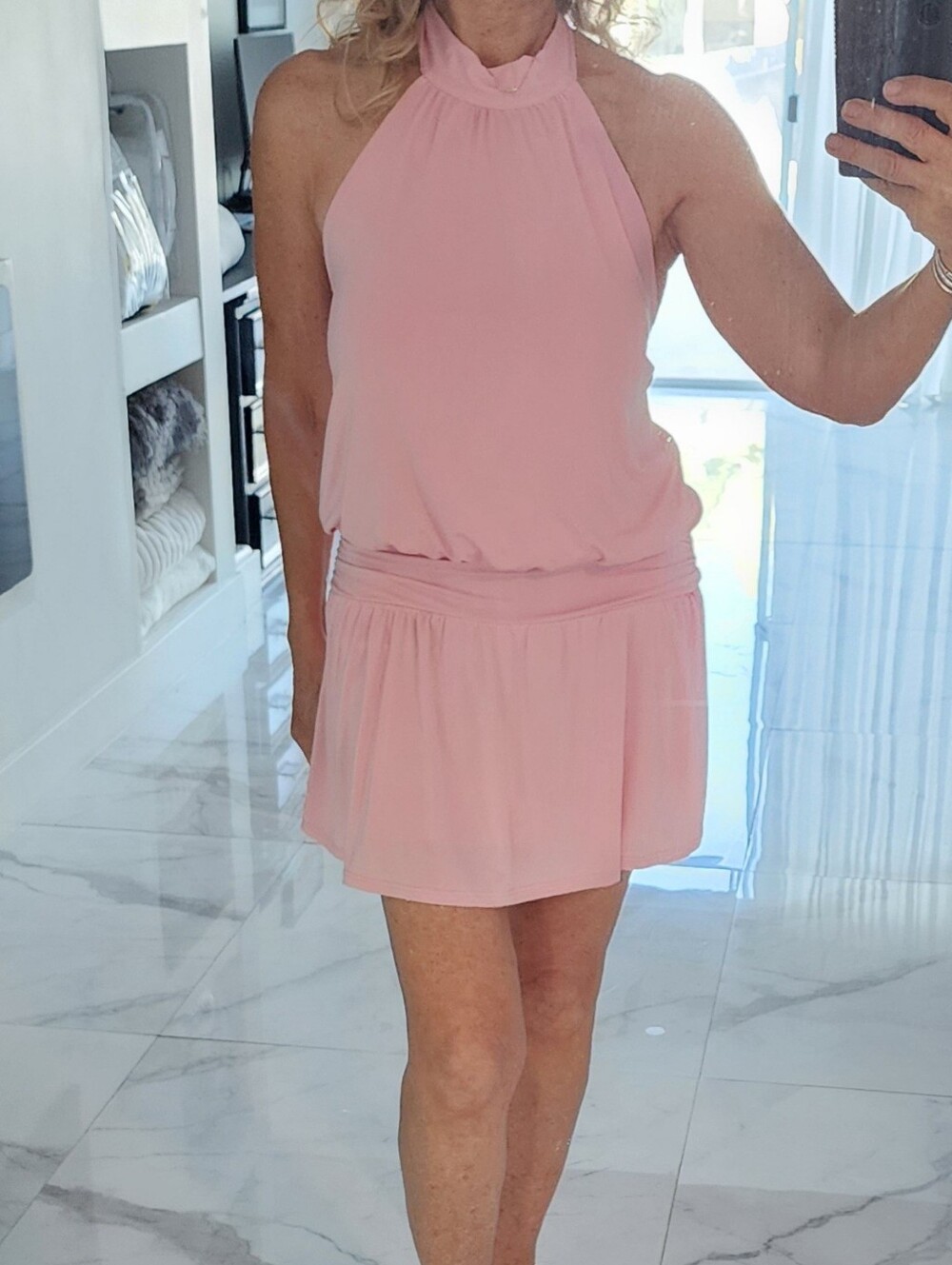 Sleeveless Halter Blouson Mini Dress - Pink